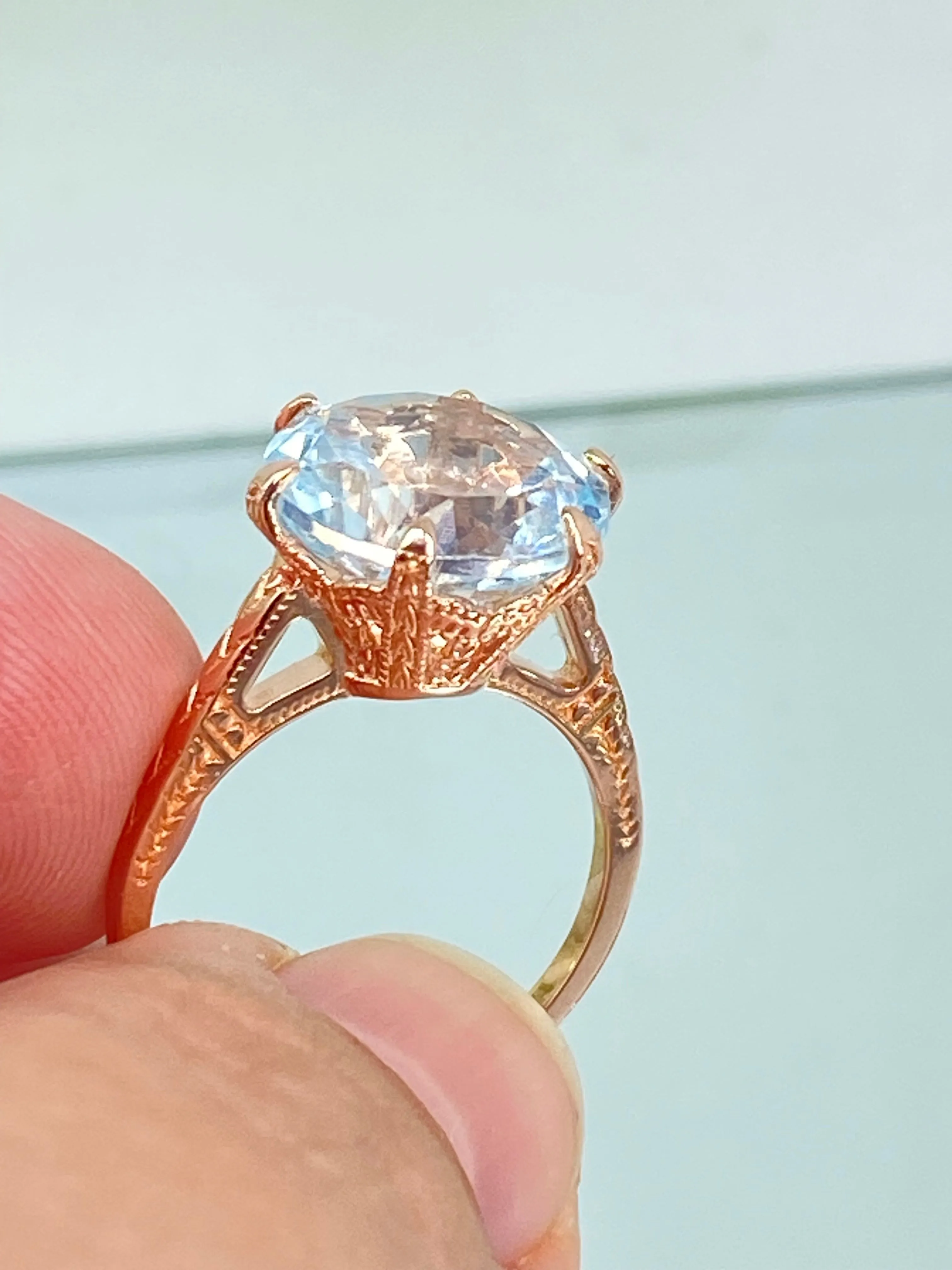 Natural White Topaz Ring, Rose Gold plated Classic Solitaire Victorian Jewelry #D37