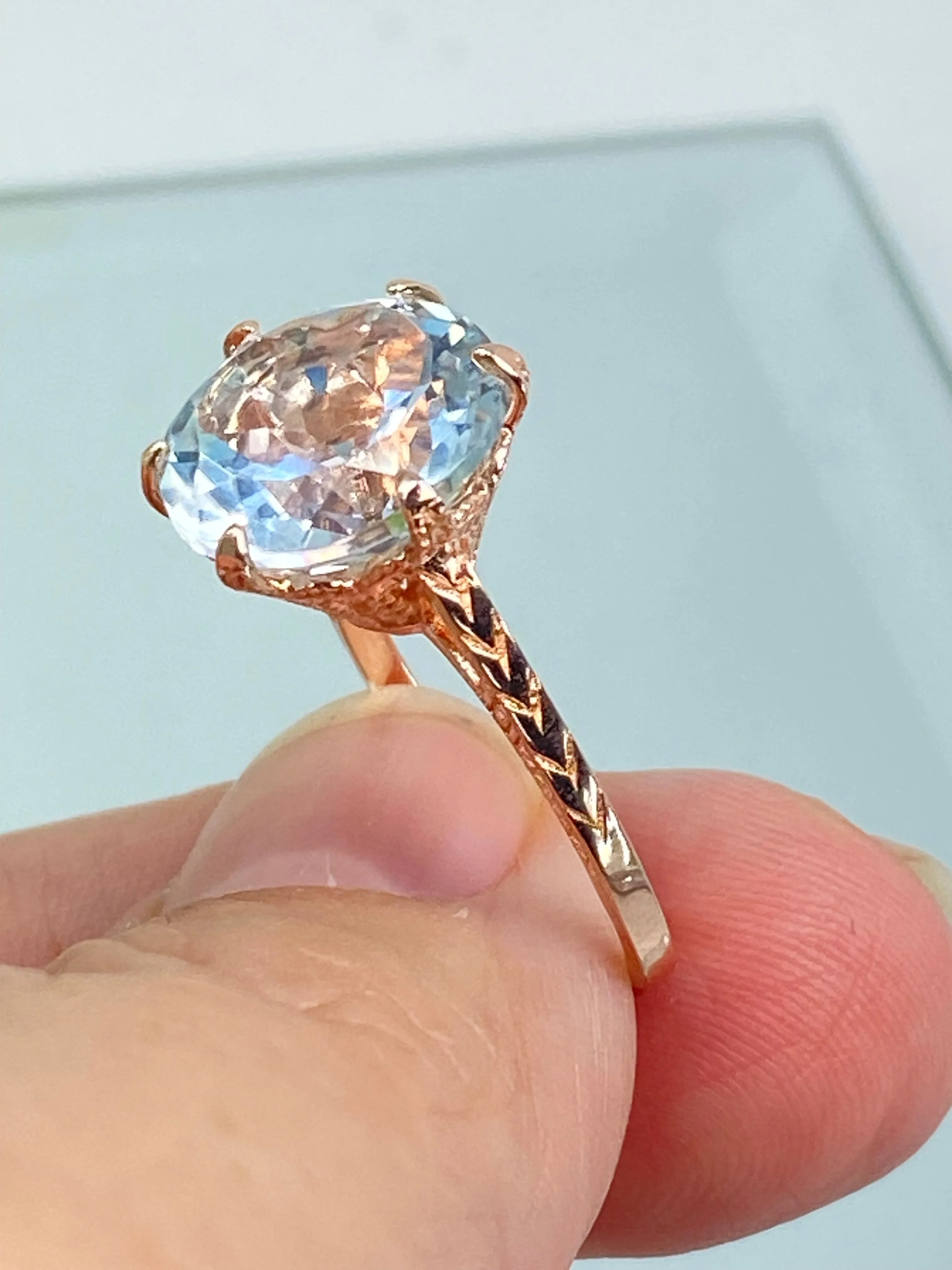 Natural White Topaz Ring, Rose Gold plated Classic Solitaire Victorian Jewelry #D37