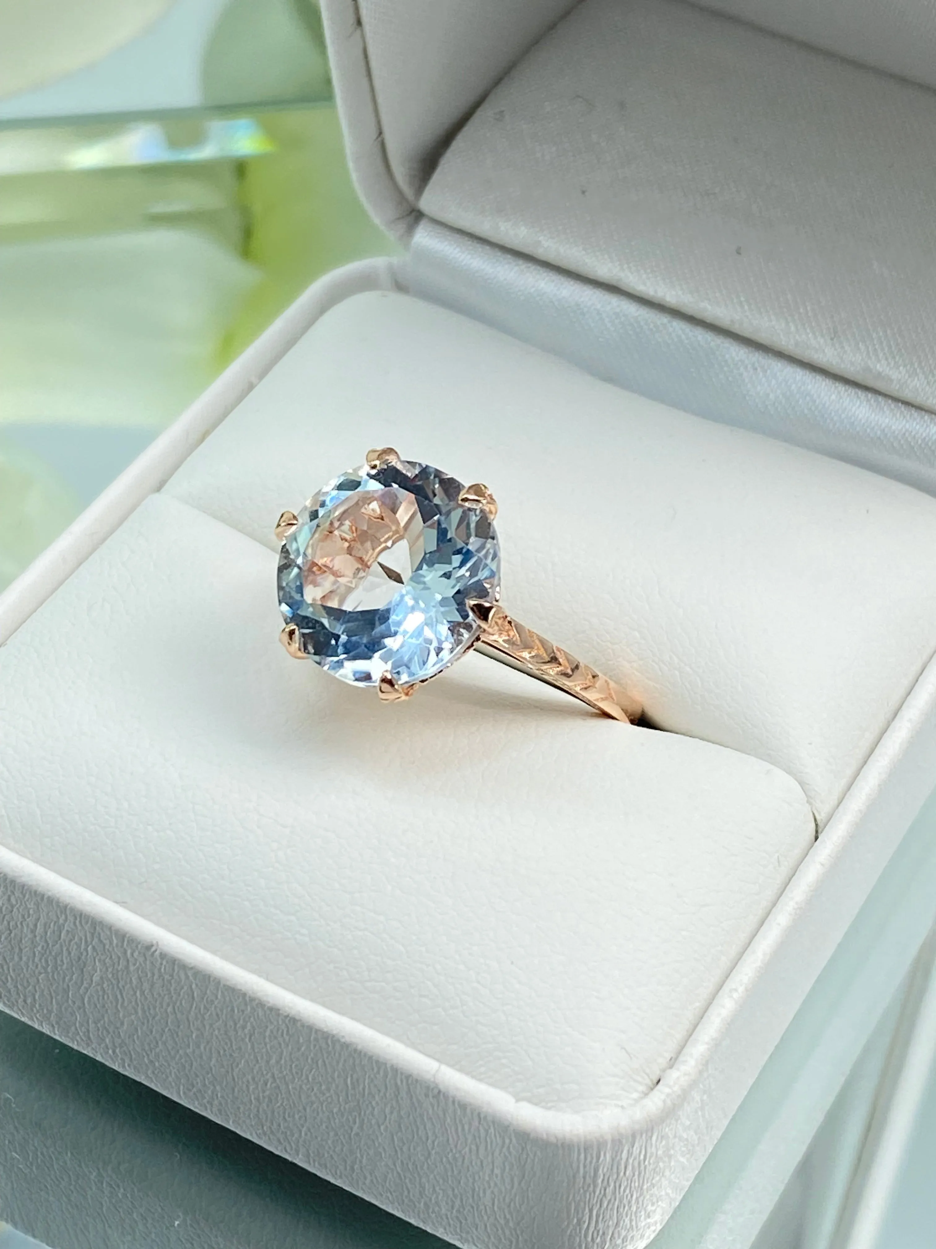 Natural White Topaz Ring, Rose Gold plated Classic Solitaire Victorian Jewelry #D37