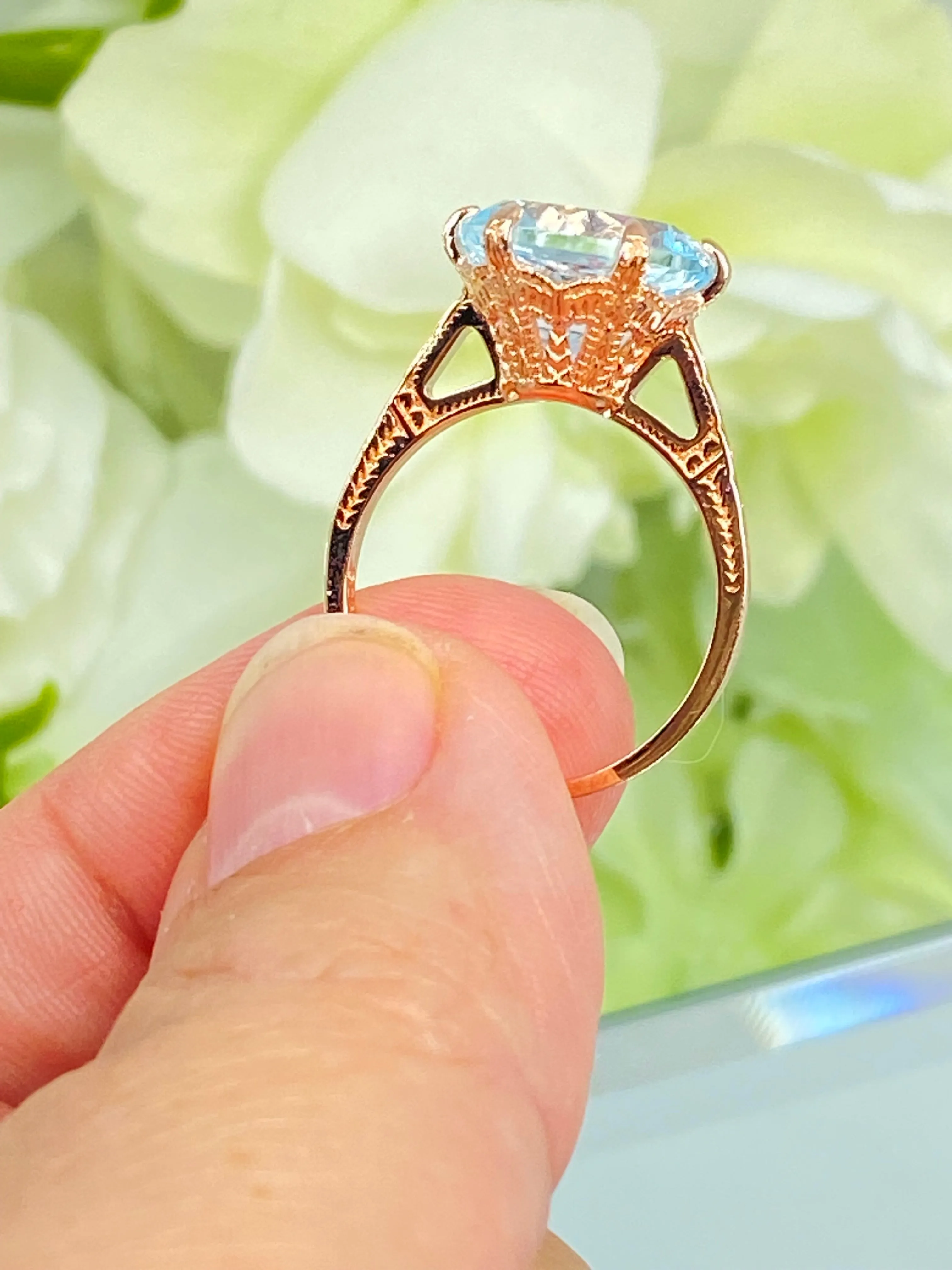 Natural White Topaz Ring, Rose Gold plated Classic Solitaire Victorian Jewelry #D37