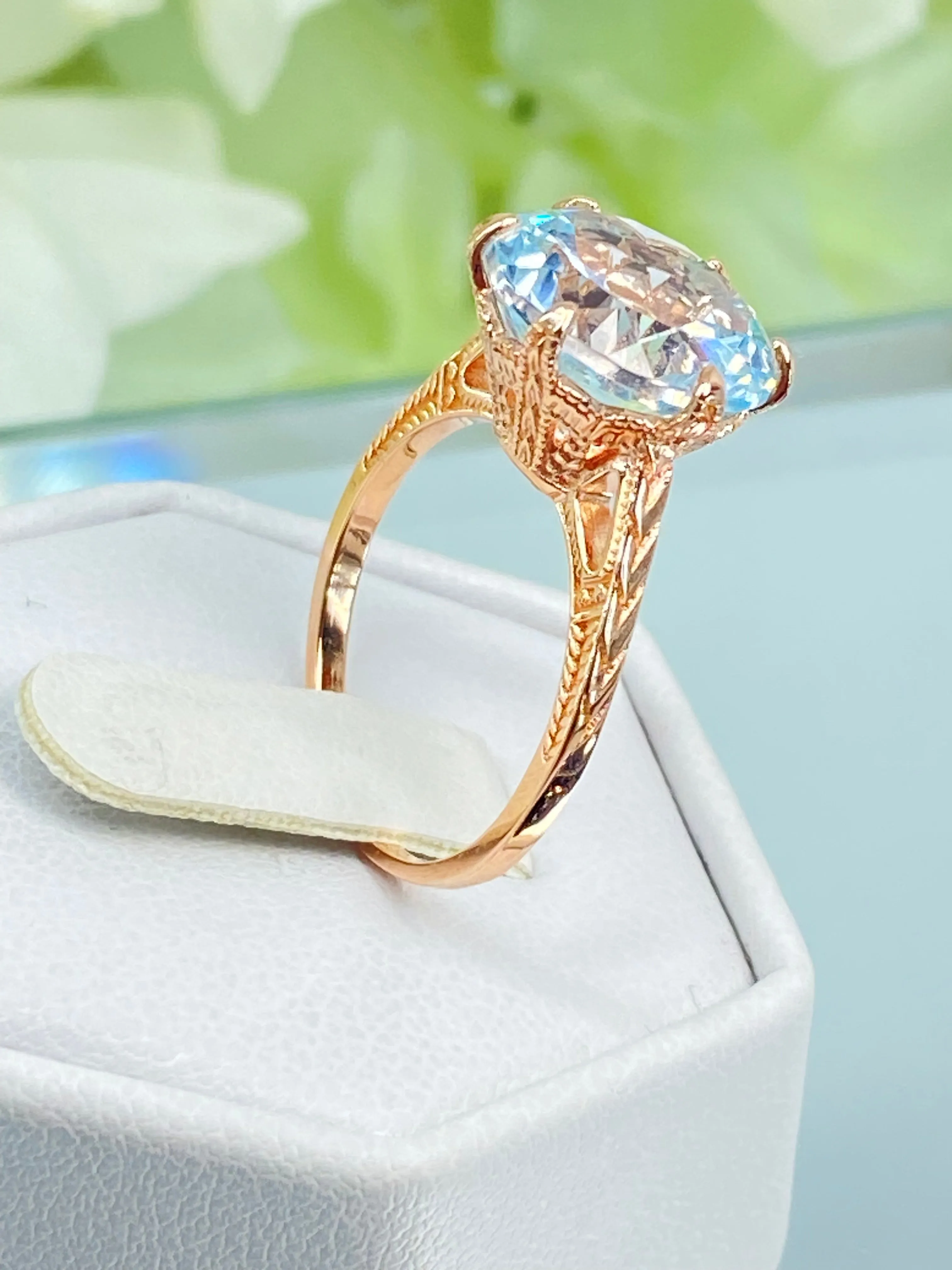 Natural White Topaz Ring, Rose Gold plated Classic Solitaire Victorian Jewelry #D37