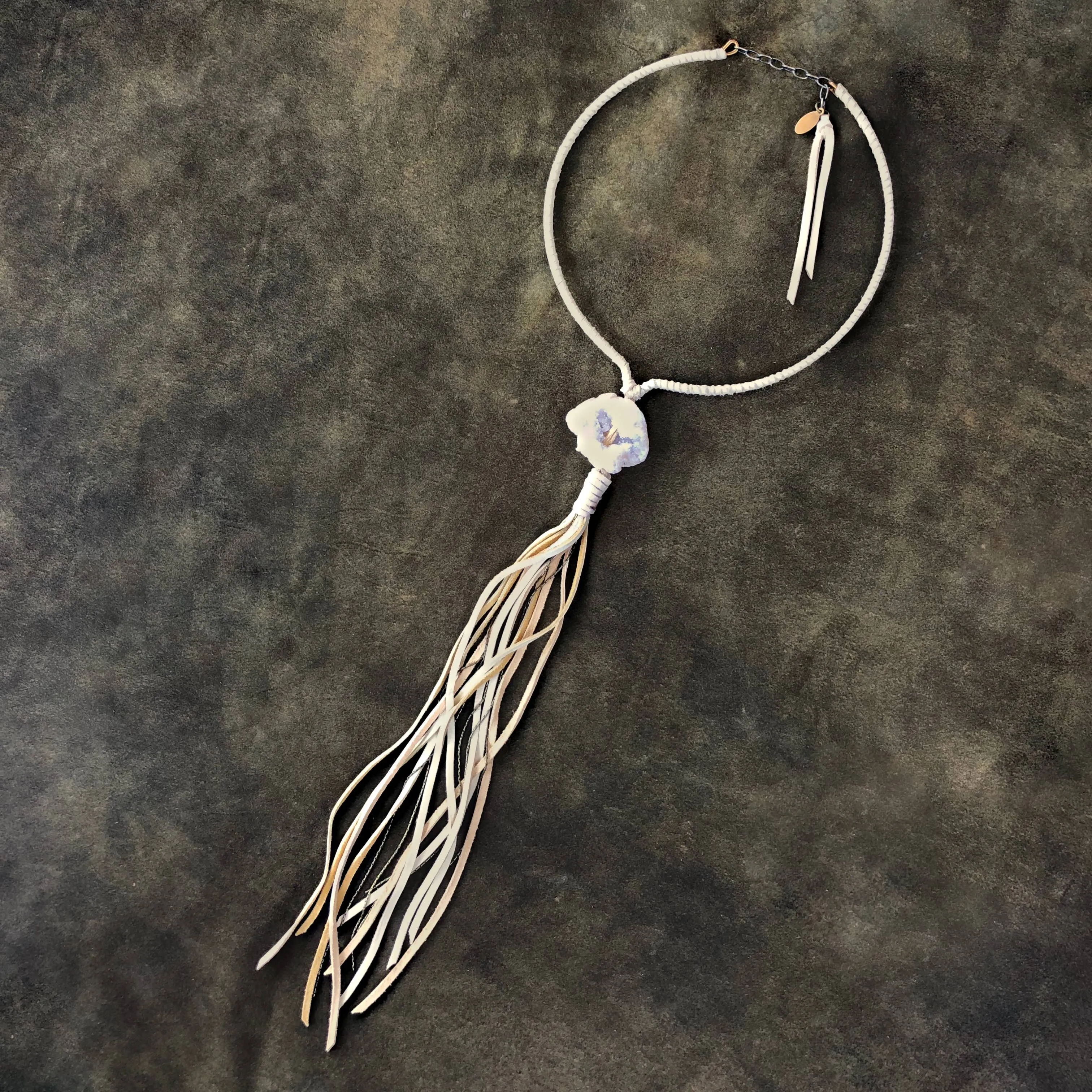 Necklace, Collar with Cream Deerskin Tassel & Druzy Stone - Sale!