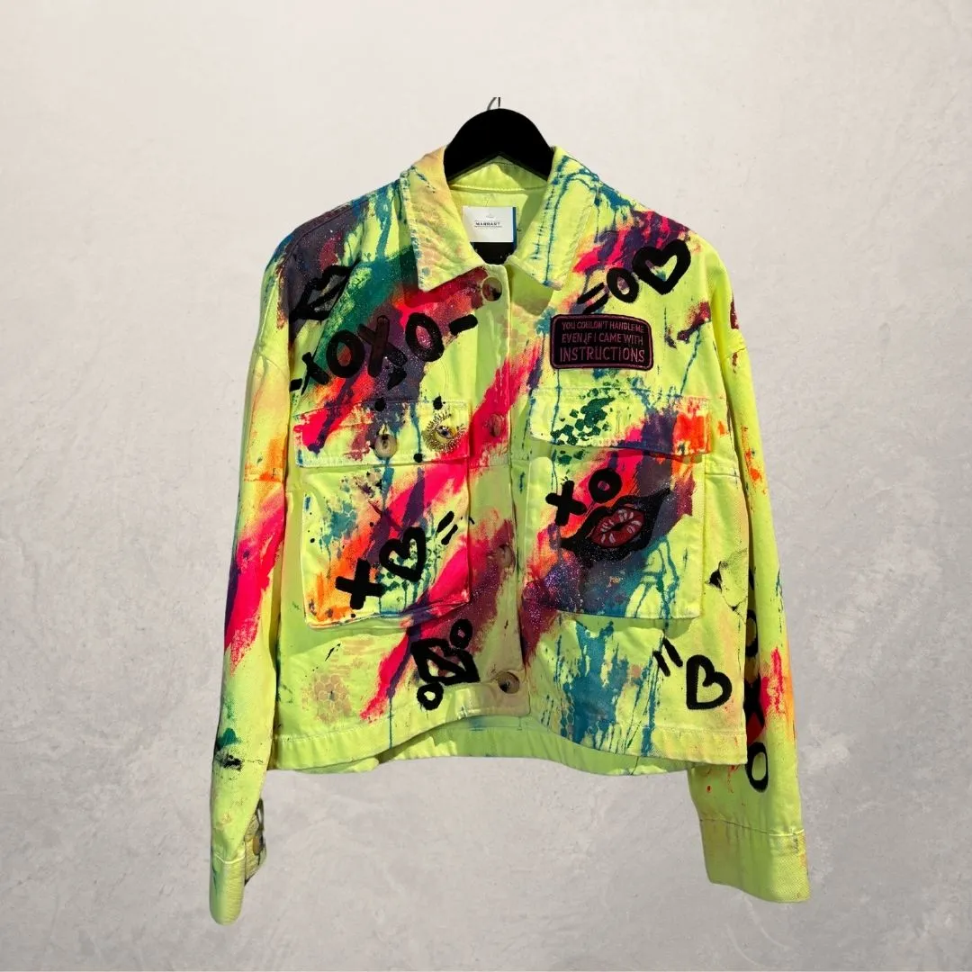 Neon dream yellow crop denim jacket Small- by M.a.r.r.art