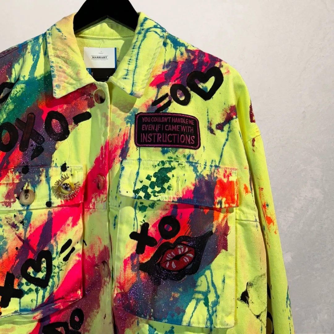 Neon dream yellow crop denim jacket Small- by M.a.r.r.art