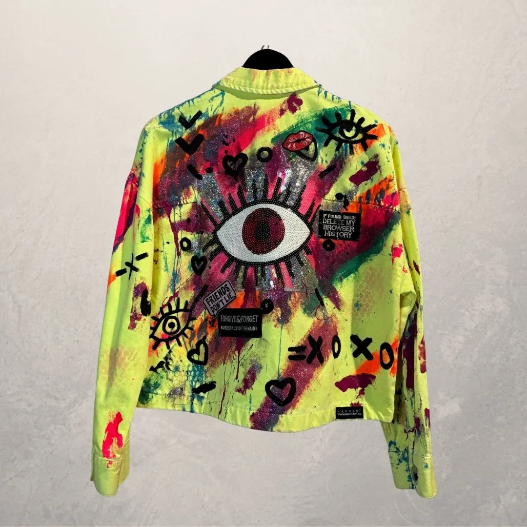 Neon dream yellow crop denim jacket Small- by M.a.r.r.art