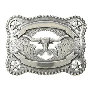 Nocona Rectangular Silver Longhorn Star Ribbon Belt Buckle