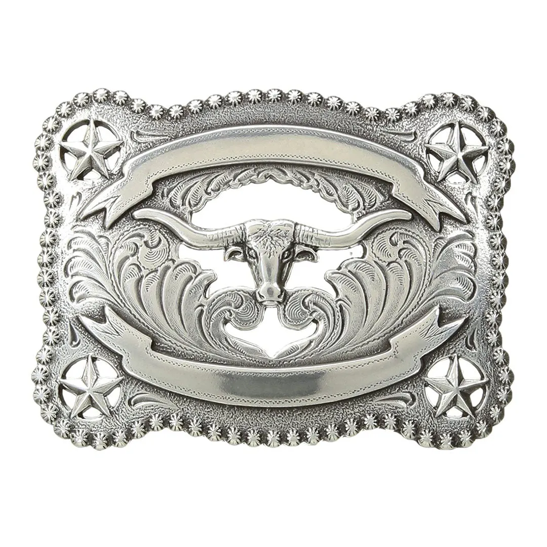 Nocona Rectangular Silver Longhorn Star Ribbon Belt Buckle