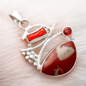 Noreena Jasper, Coral & Garnet Solid 925 Sterling Silver Pendant