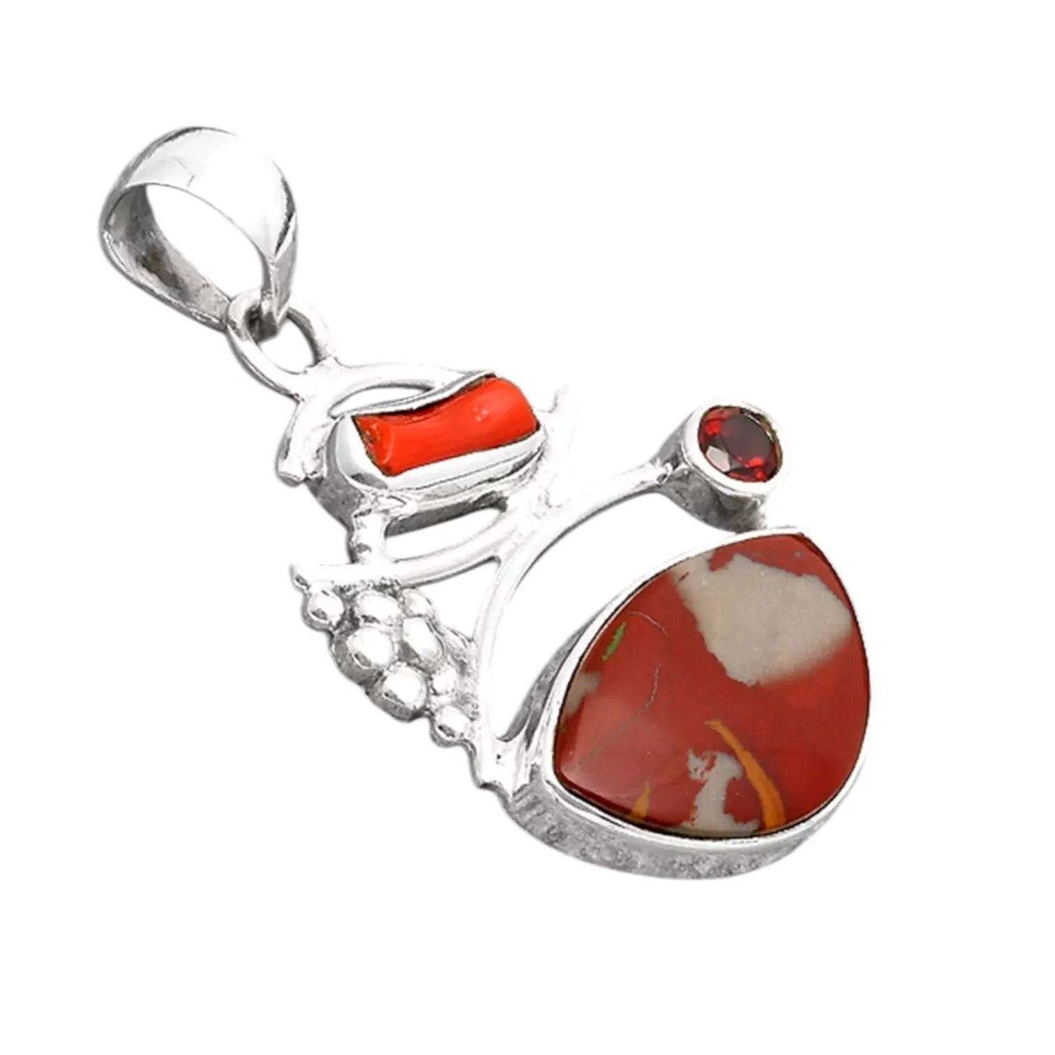 Noreena Jasper, Coral & Garnet Solid 925 Sterling Silver Pendant