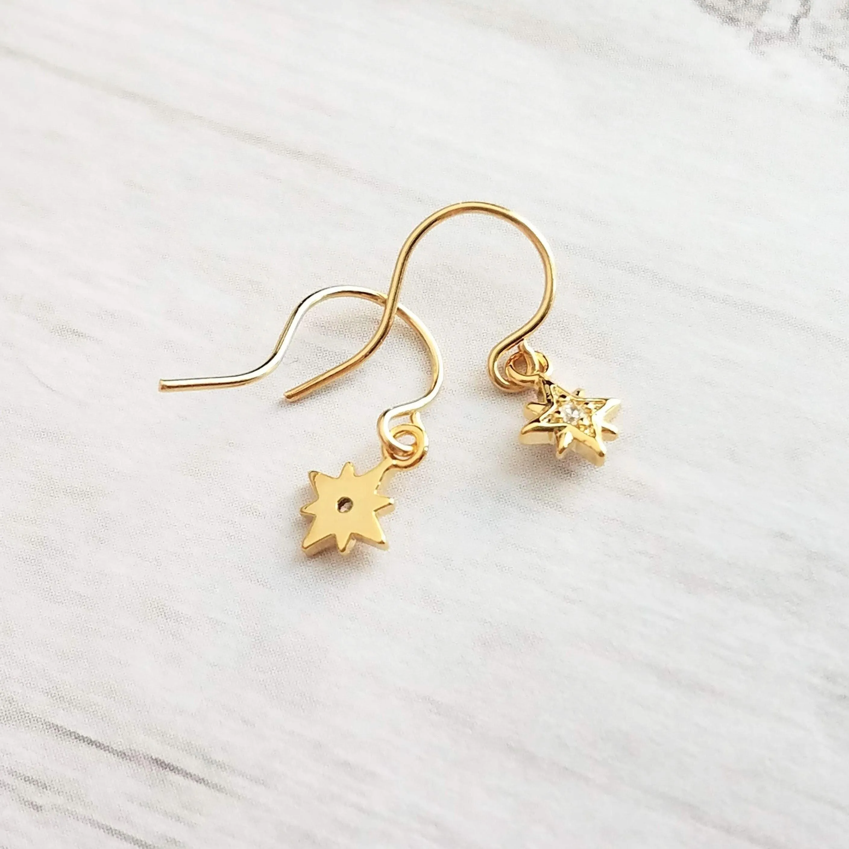 North Star Earrings - tiny gold celestial guide Polaris charm w/ cubic zirconia - wish night sky astonomy gift - 14K gold fill hook option