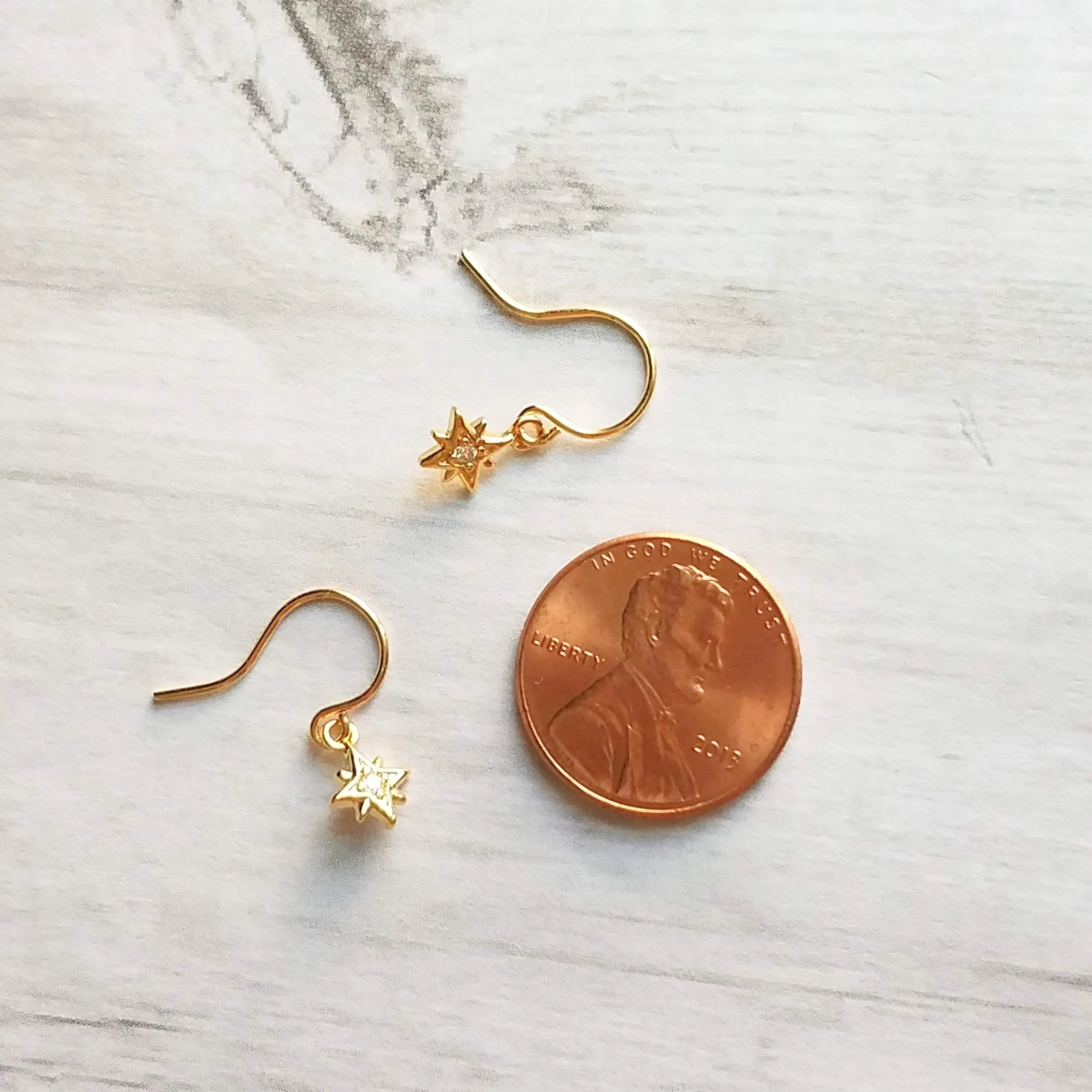 North Star Earrings - tiny gold celestial guide Polaris charm w/ cubic zirconia - wish night sky astonomy gift - 14K gold fill hook option