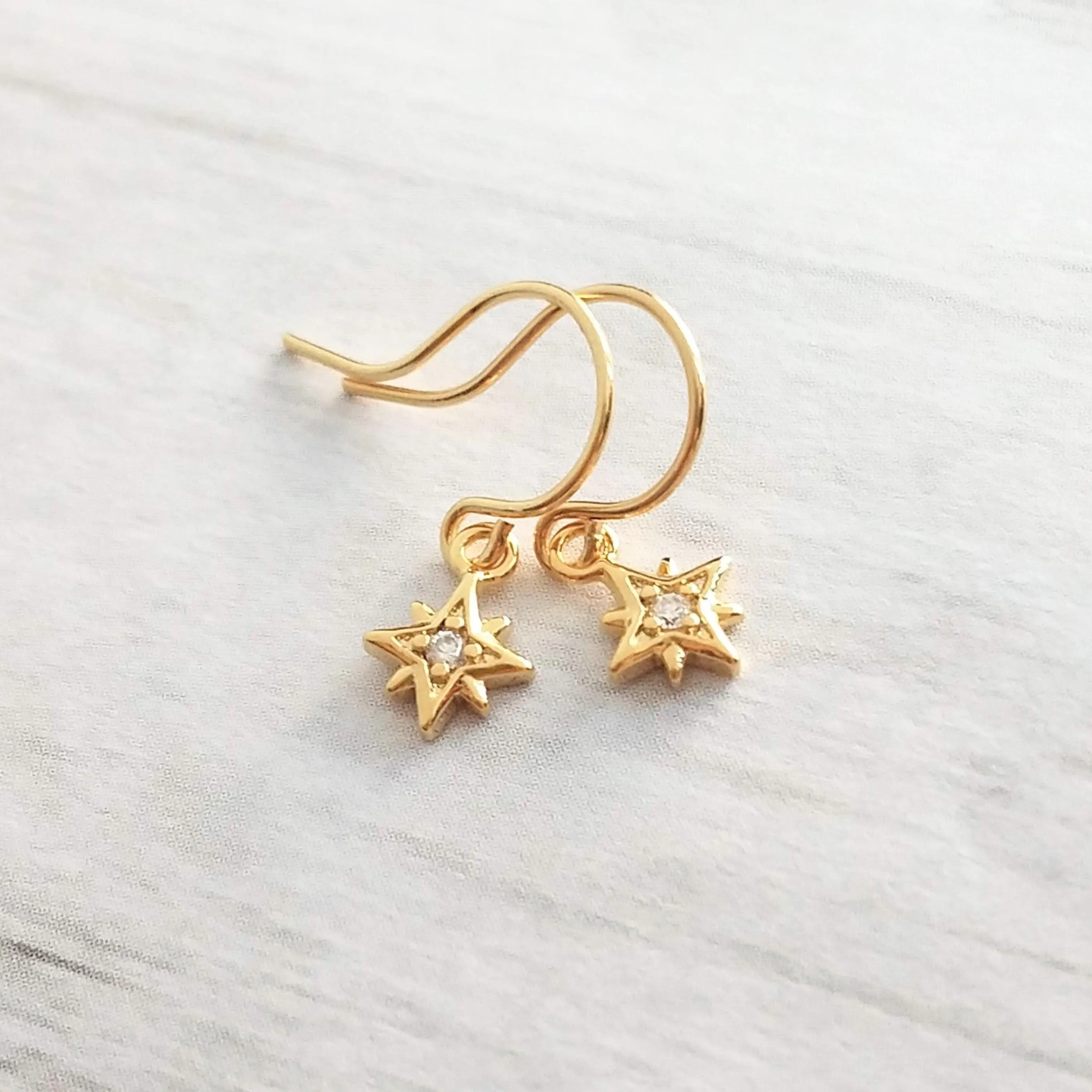 North Star Earrings - tiny gold celestial guide Polaris charm w/ cubic zirconia - wish night sky astonomy gift - 14K gold fill hook option