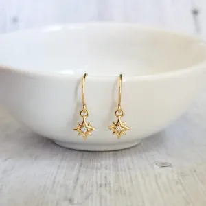 North Star Earrings - tiny gold celestial guide Polaris charm w/ cubic zirconia - wish night sky astonomy gift - 14K gold fill hook option