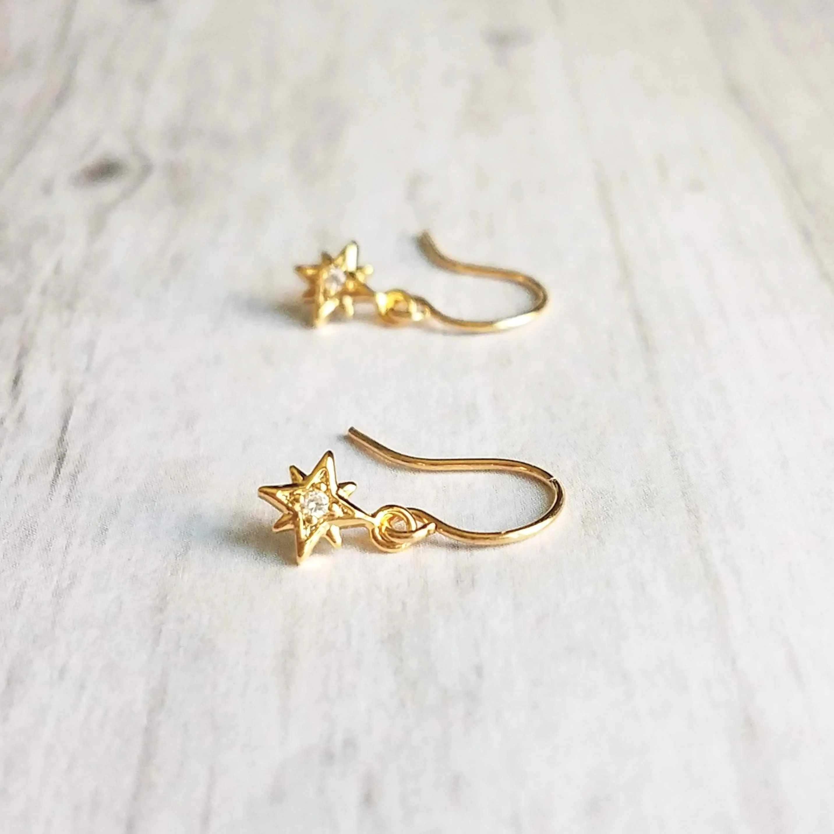 North Star Earrings - tiny gold celestial guide Polaris charm w/ cubic zirconia - wish night sky astonomy gift - 14K gold fill hook option