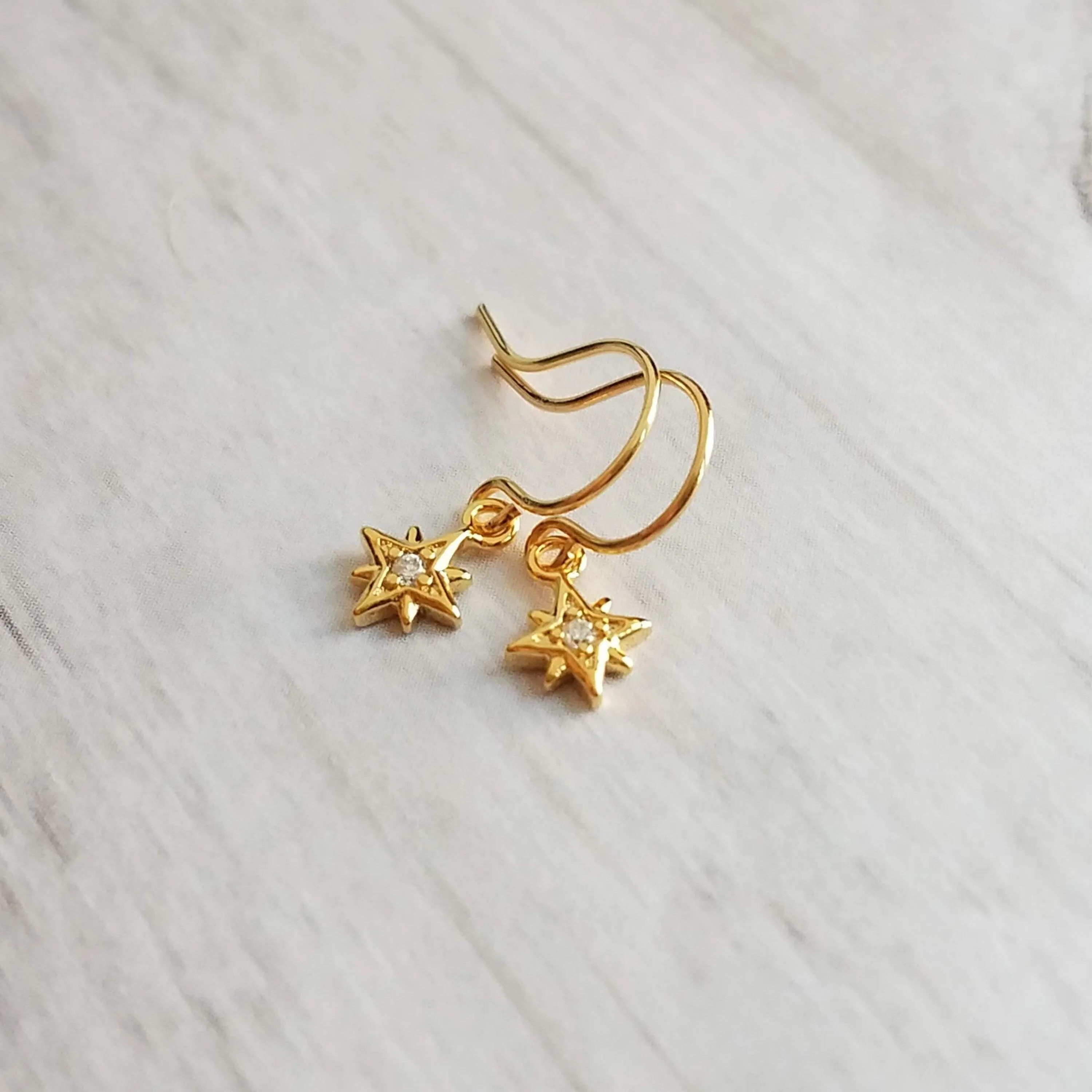 North Star Earrings - tiny gold celestial guide Polaris charm w/ cubic zirconia - wish night sky astonomy gift - 14K gold fill hook option