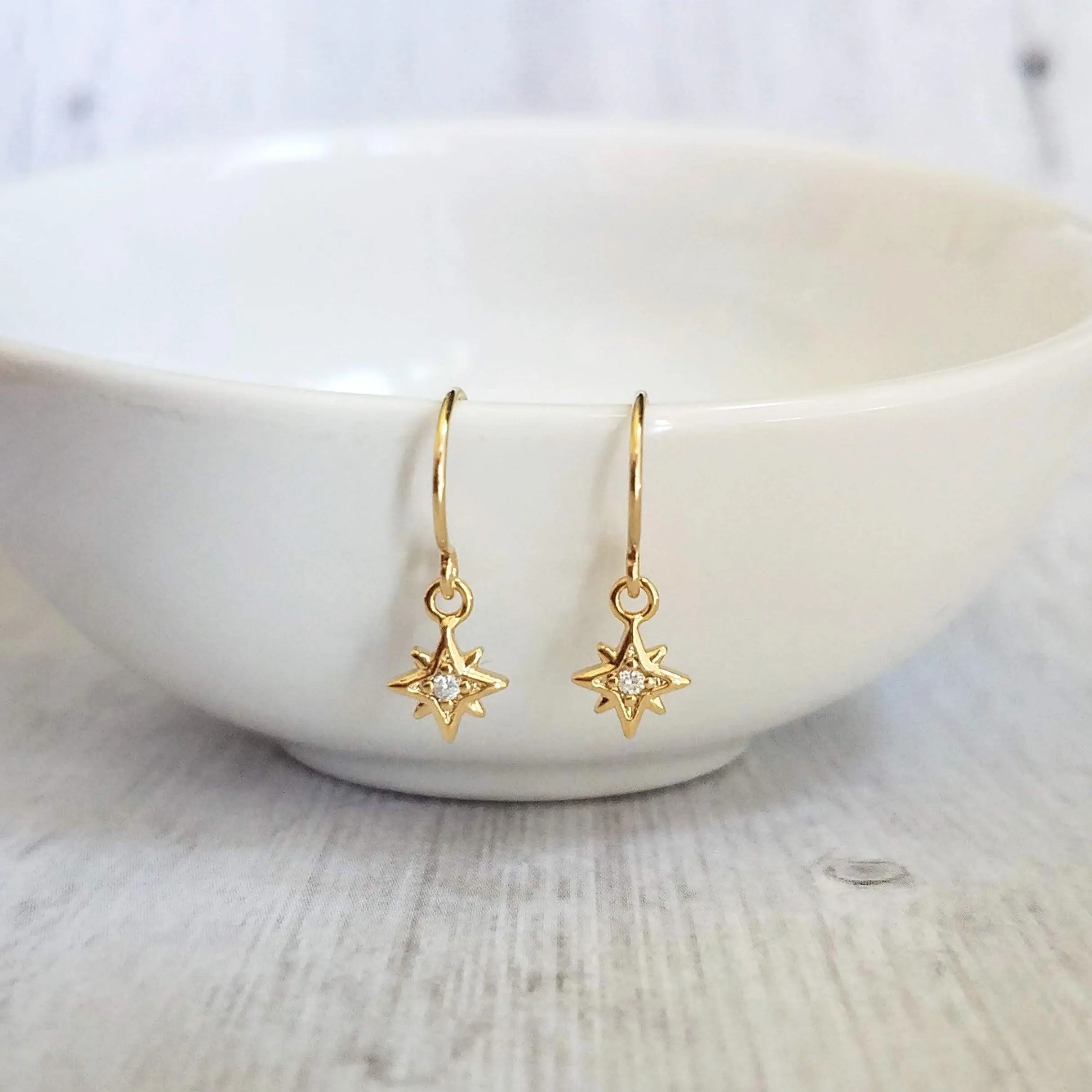 North Star Earrings - tiny gold celestial guide Polaris charm w/ cubic zirconia - wish night sky astonomy gift - 14K gold fill hook option