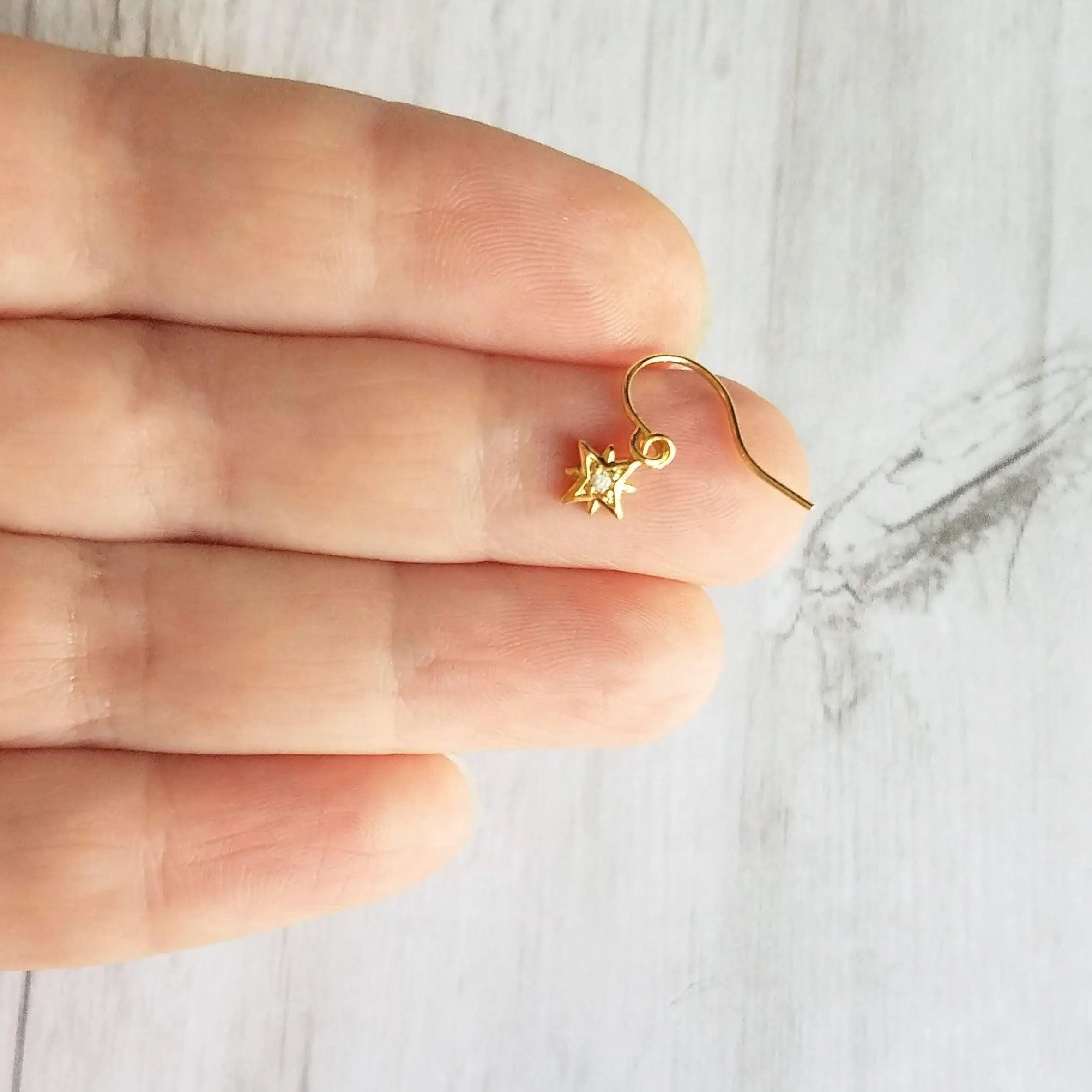 North Star Earrings - tiny gold celestial guide Polaris charm w/ cubic zirconia - wish night sky astonomy gift - 14K gold fill hook option