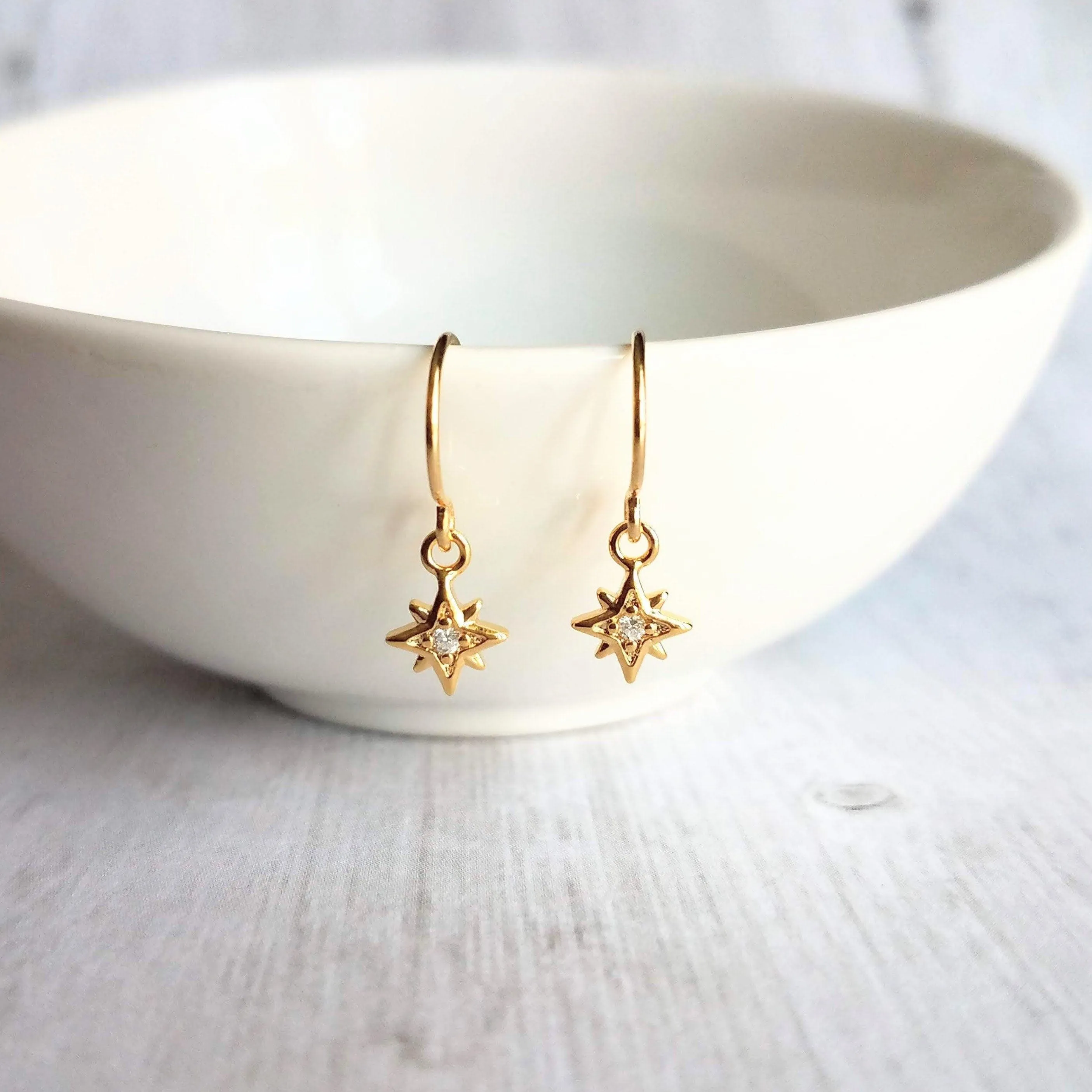 North Star Earrings - tiny gold celestial guide Polaris charm w/ cubic zirconia - wish night sky astonomy gift - 14K gold fill hook option
