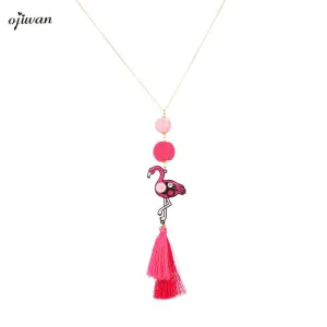 Ojiwan Boho Flamingo Necklace Gypsy Thread Ball Tassel Necklace Hippie Collier Pompon Cowgirl Indian Native American Jewelry