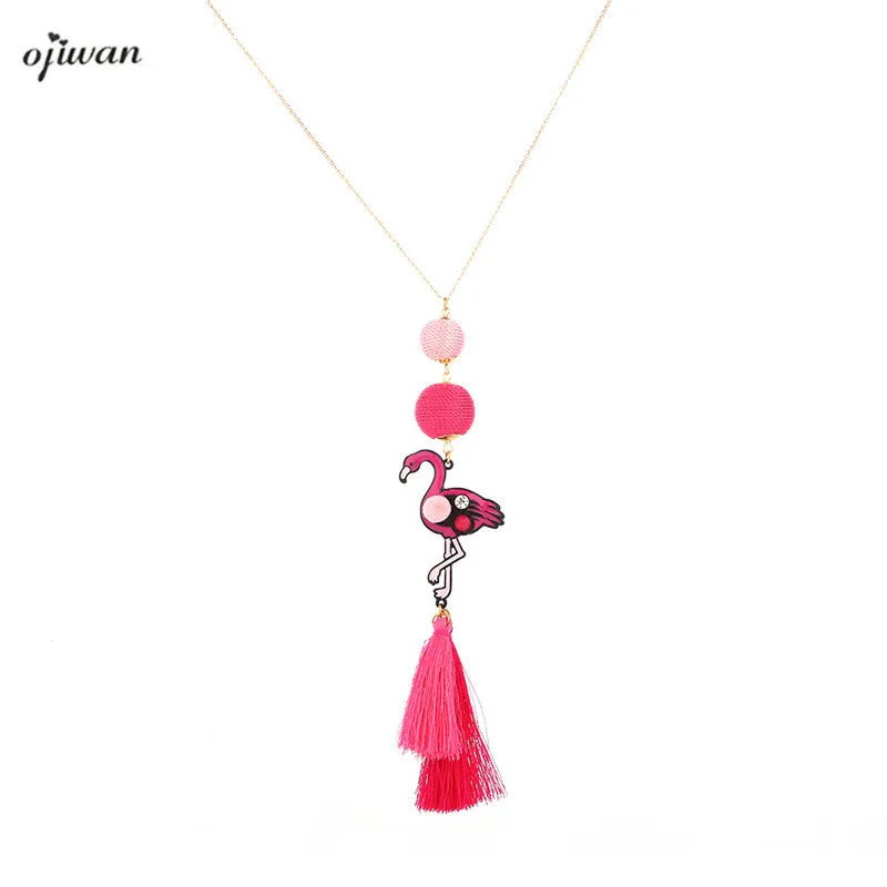 Ojiwan Boho Flamingo Necklace Gypsy Thread Ball Tassel Necklace Hippie Collier Pompon Cowgirl Indian Native American Jewelry