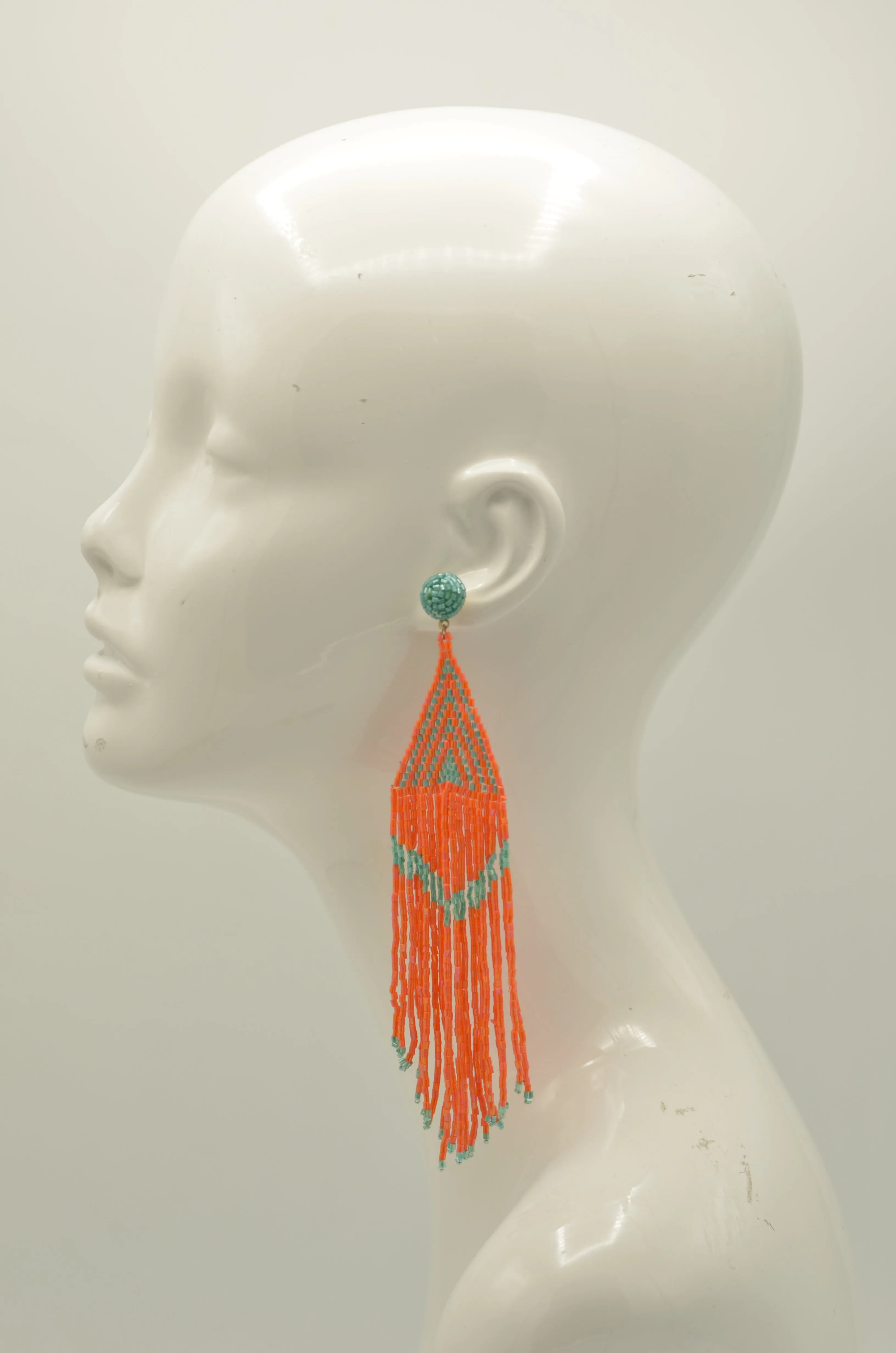Orange and Turquoise Triangle Bohemian Seed Bead Long Tassel Earrings#ER-1148