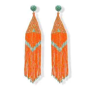 Orange and Turquoise Triangle Bohemian Seed Bead Long Tassel Earrings#ER-1148
