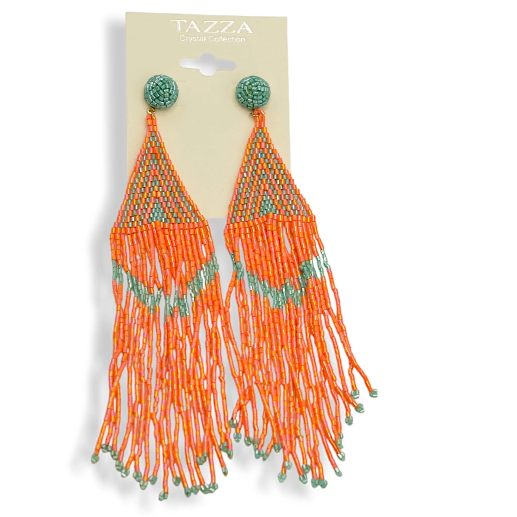 Orange and Turquoise Triangle Bohemian Seed Bead Long Tassel Earrings#ER-1148