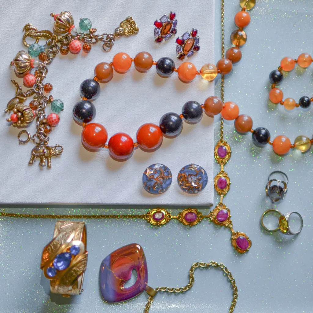 Orange, Black, Brown Lucite Bubble Bead Retro Necklace