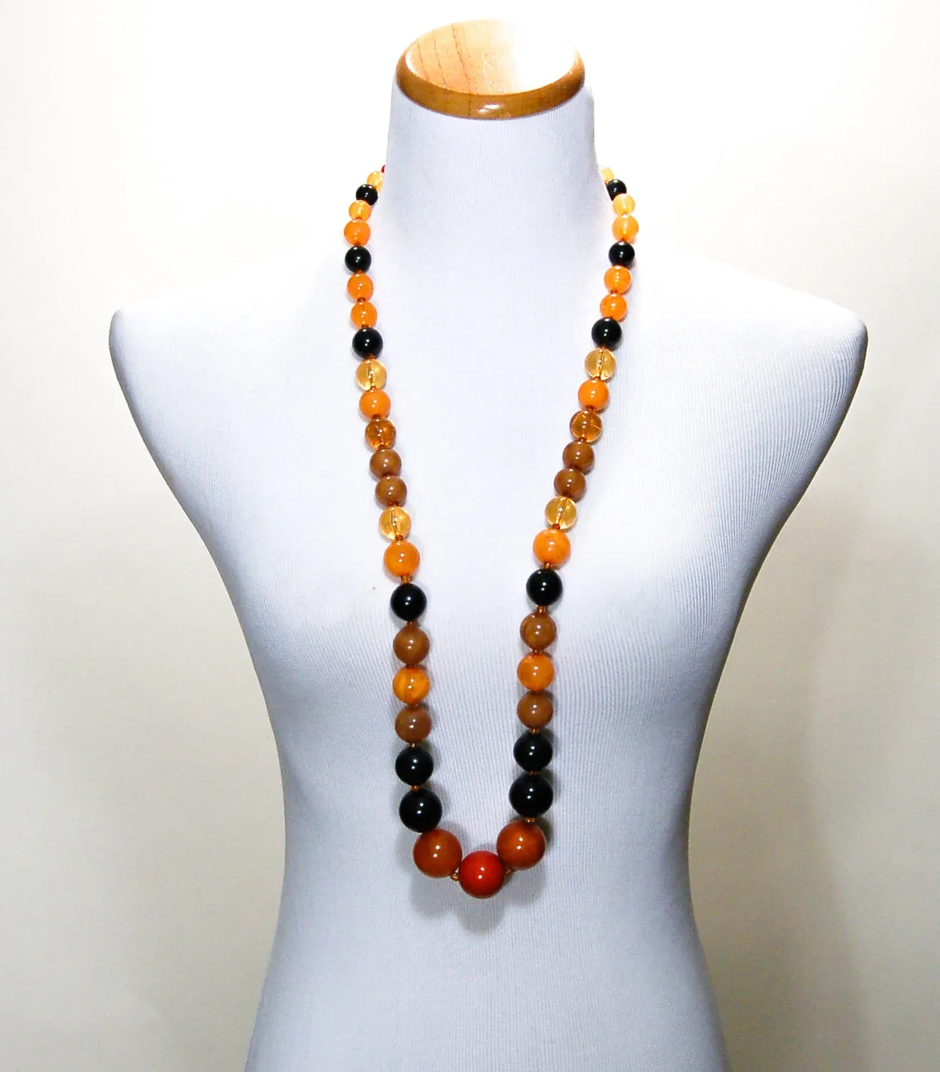 Orange, Black, Brown Lucite Bubble Bead Retro Necklace