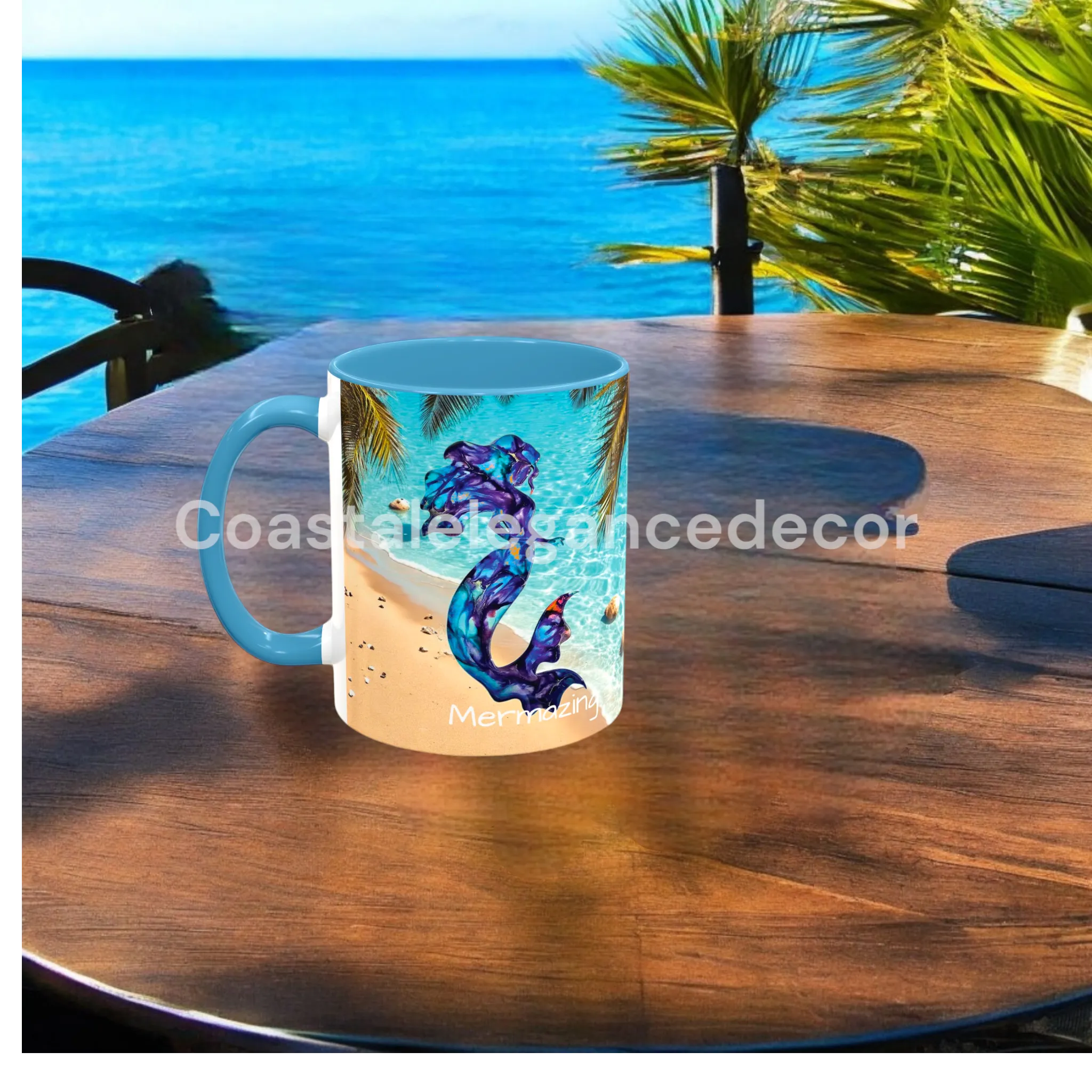 Original Art Print Beach Mermaid Mermazing Ceramic Coffee Cup Personalize It Beachy 11 Ounce Mug