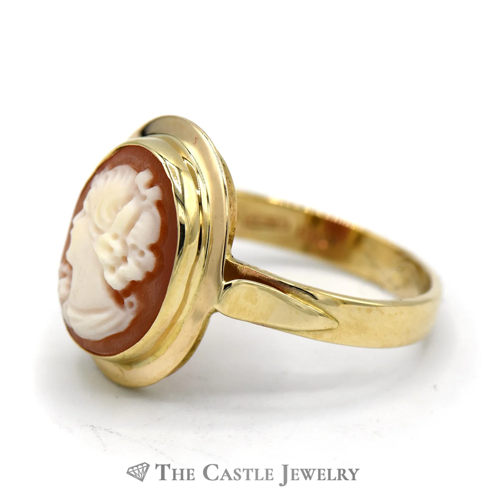 Oval Shaped Cameo Ring with Polished Bezel in 14k Yellow Gold