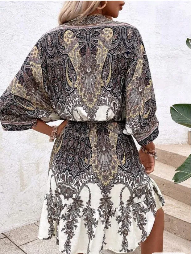 Paisley Print Batwing Sleeve Tassel Tie Boho Dress