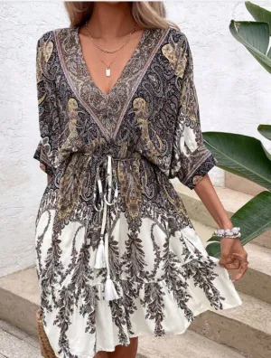 Paisley Print Batwing Sleeve Tassel Tie Boho Dress