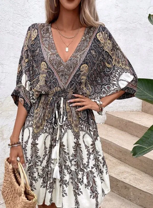 Paisley Print Batwing Sleeve Tassel Tie Boho Dress