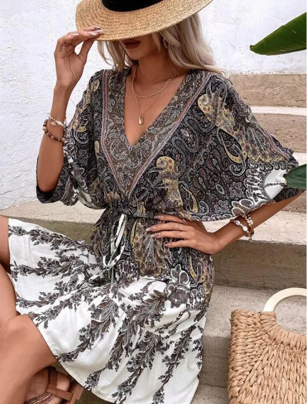 Paisley Print Batwing Sleeve Tassel Tie Boho Dress