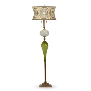 Parker Floor Lamp F250K187 Colors Aqua and Green Blown Glass Base with Round Embroidered Sunburst Pattern Shade by Kinzig Design