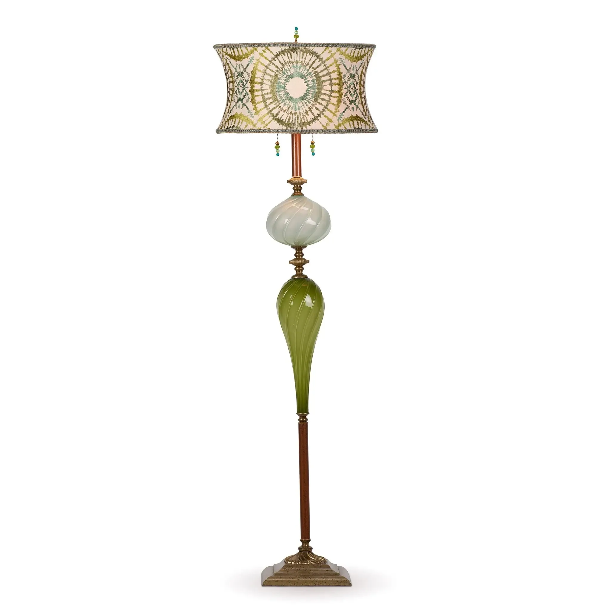 Parker Floor Lamp F250K187 Colors Aqua and Green Blown Glass Base with Round Embroidered Sunburst Pattern Shade by Kinzig Design