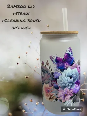 Pastel Butterflies and Flowers Iced Coffee cup, 16oz Libbey Glass Can