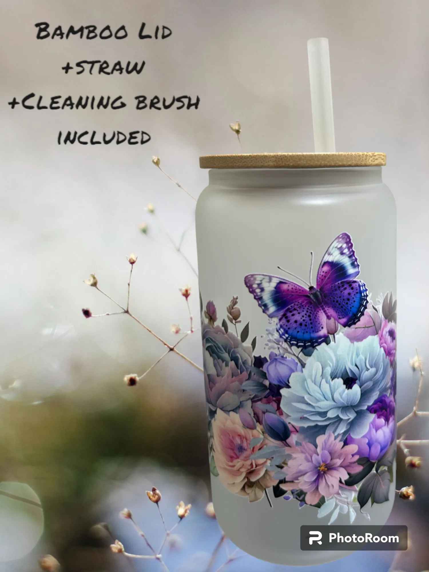 Pastel Butterflies and Flowers Iced Coffee cup, 16oz Libbey Glass Can