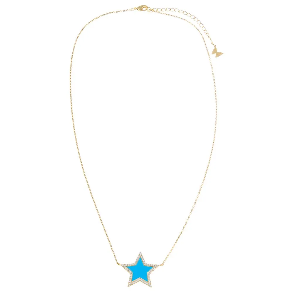 Pave Outline Colored Stone Star Necklace