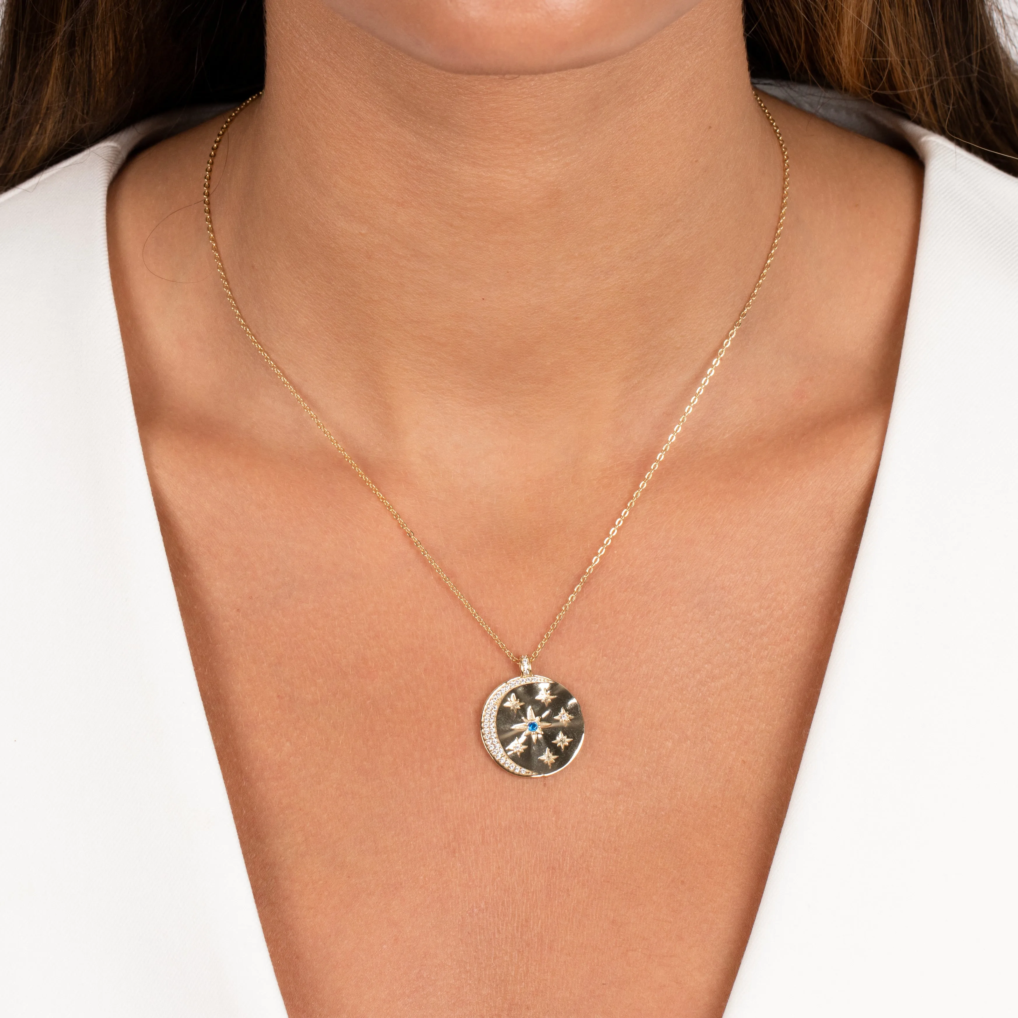 Pave Star & Moon Disc Necklace