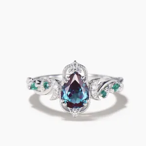 Pear Cut Color-change Alexandrite Engagement Ring Diamond Moon Twisted Ring