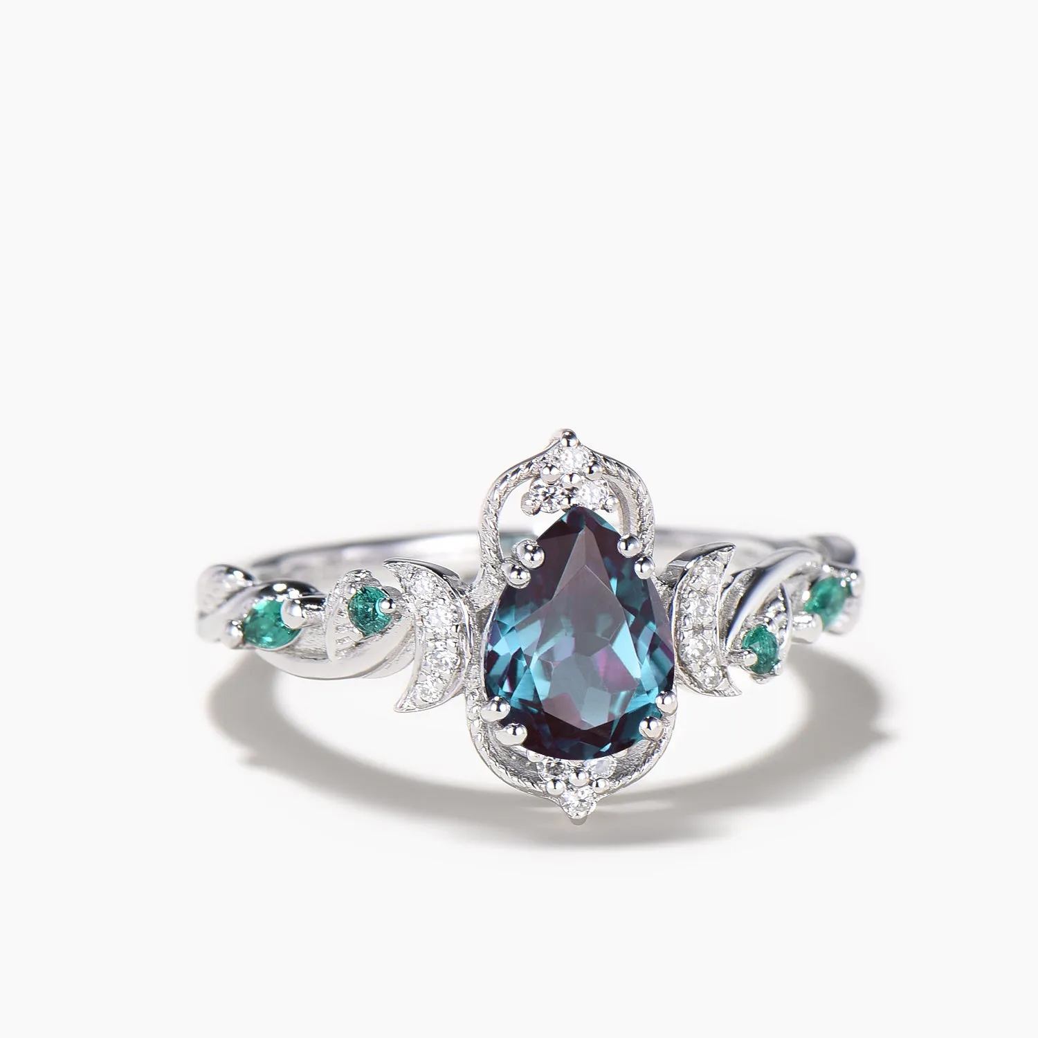 Pear Cut Color-change Alexandrite Engagement Ring Diamond Moon Twisted Ring