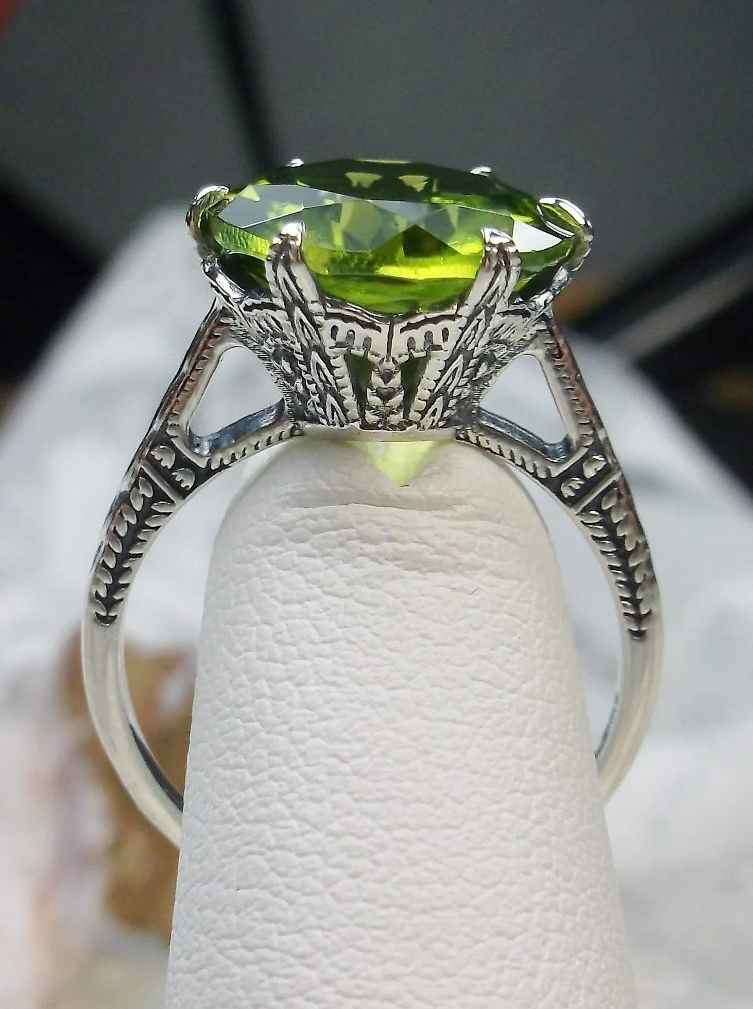 Peridot Ring, Natural Gem Solitaire, Classic Victorian Jewelry #D37