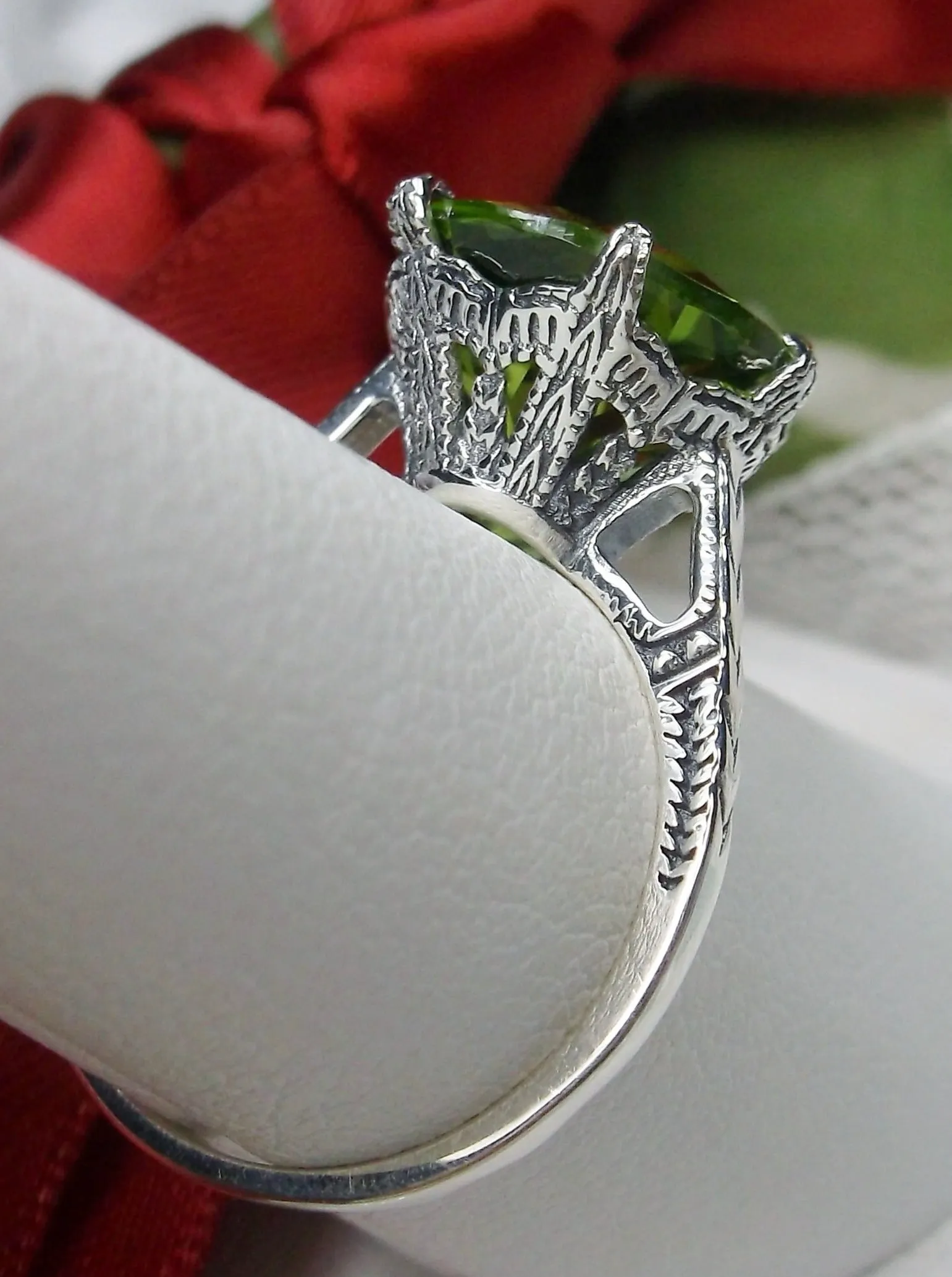 Peridot Ring, Natural Gem Solitaire, Classic Victorian Jewelry #D37