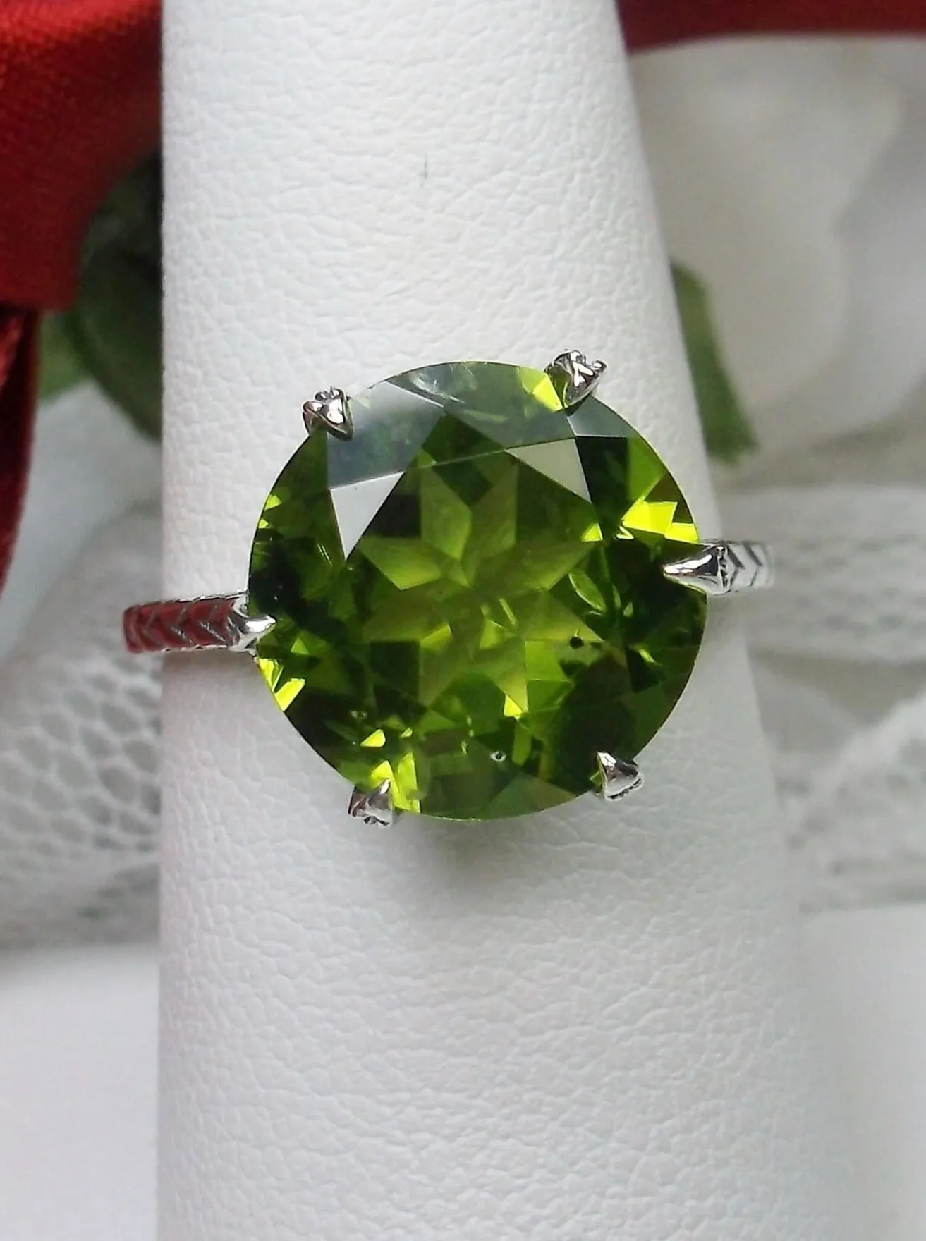Peridot Ring, Natural Gem Solitaire, Classic Victorian Jewelry #D37