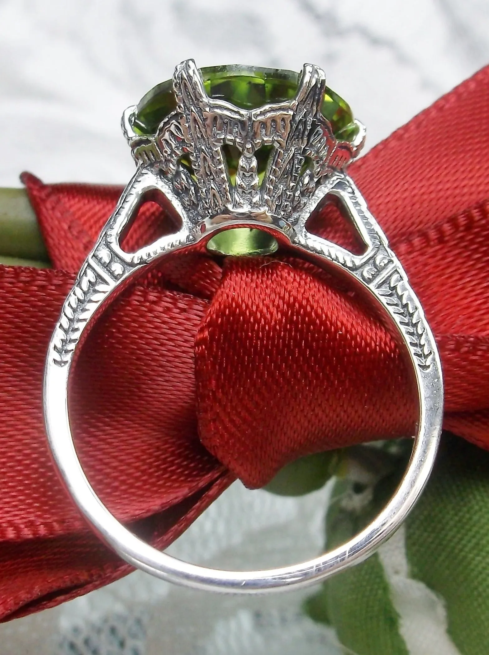 Peridot Ring, Natural Gem Solitaire, Classic Victorian Jewelry #D37