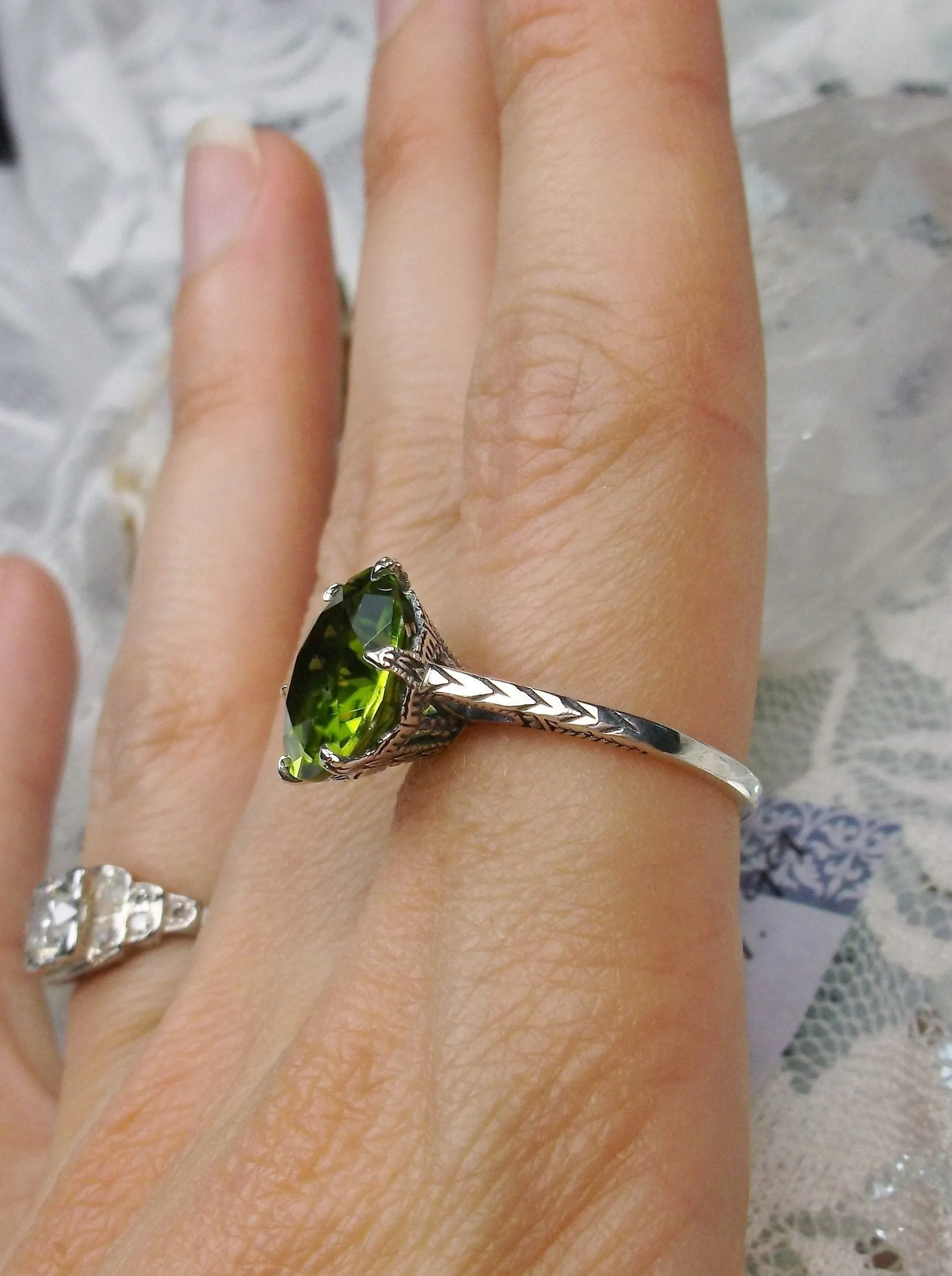 Peridot Ring, Natural Gem Solitaire, Classic Victorian Jewelry #D37