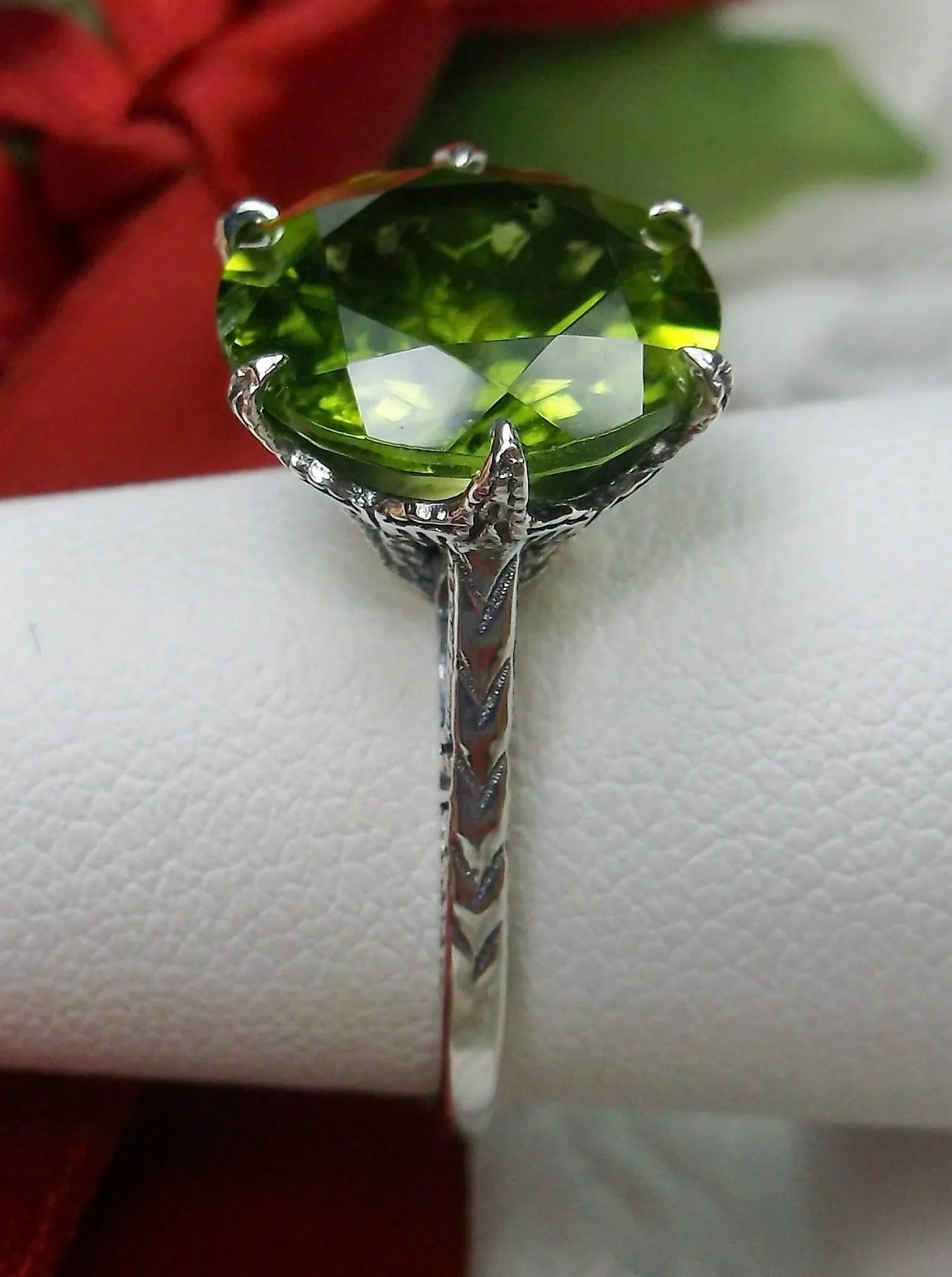 Peridot Ring, Natural Gem Solitaire, Classic Victorian Jewelry #D37