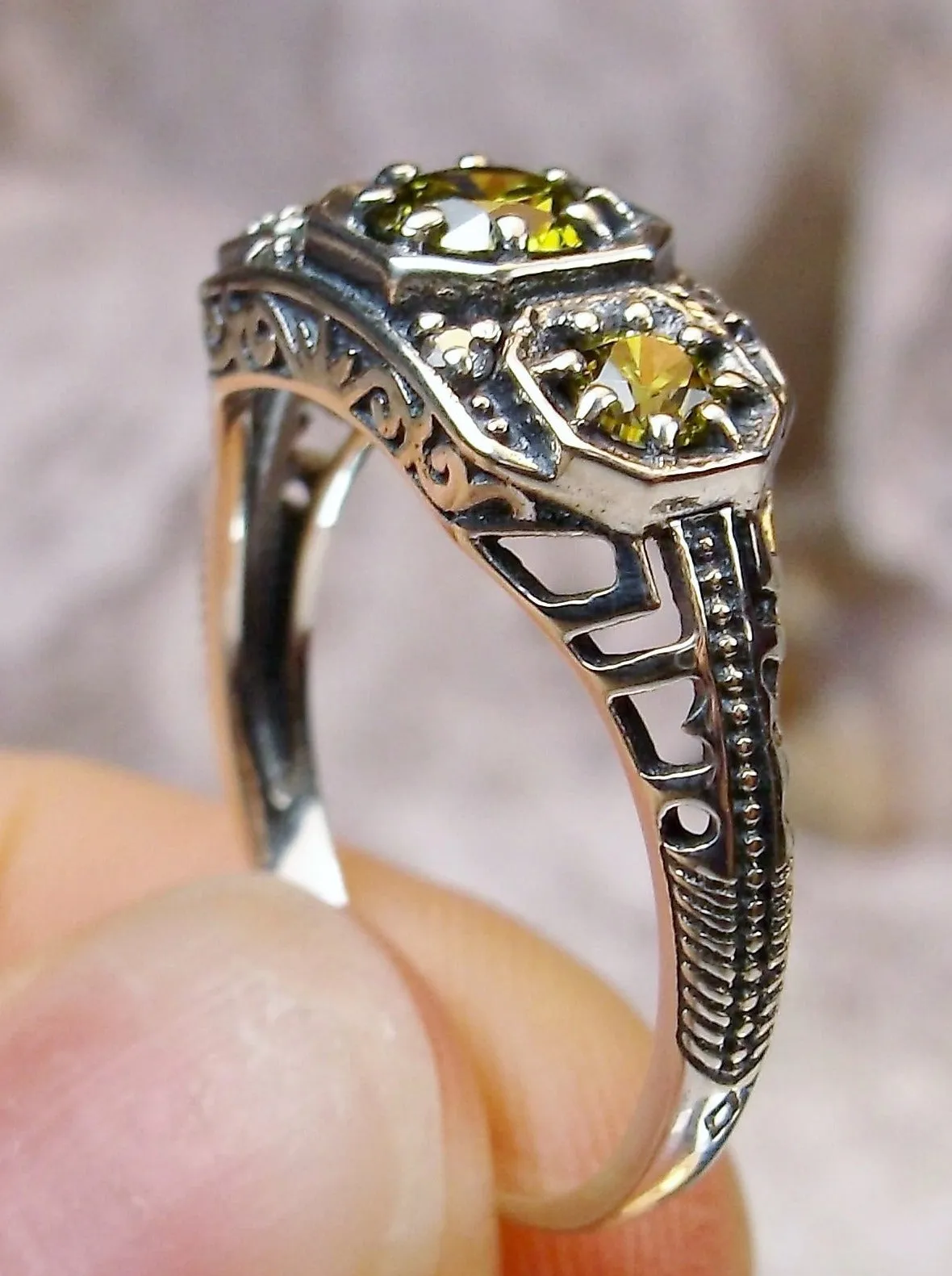 Peridot Ring, Simulated or Natural Gem, Art Deco Jewelry #D161